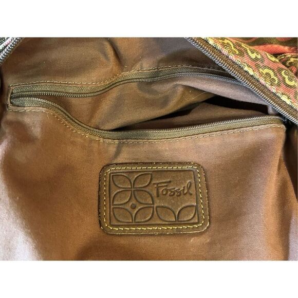 Fossil Canvas Crossbody Messenger Bag Brown Paisley Print Key Bird Charm Tag - Picture 11 of 12